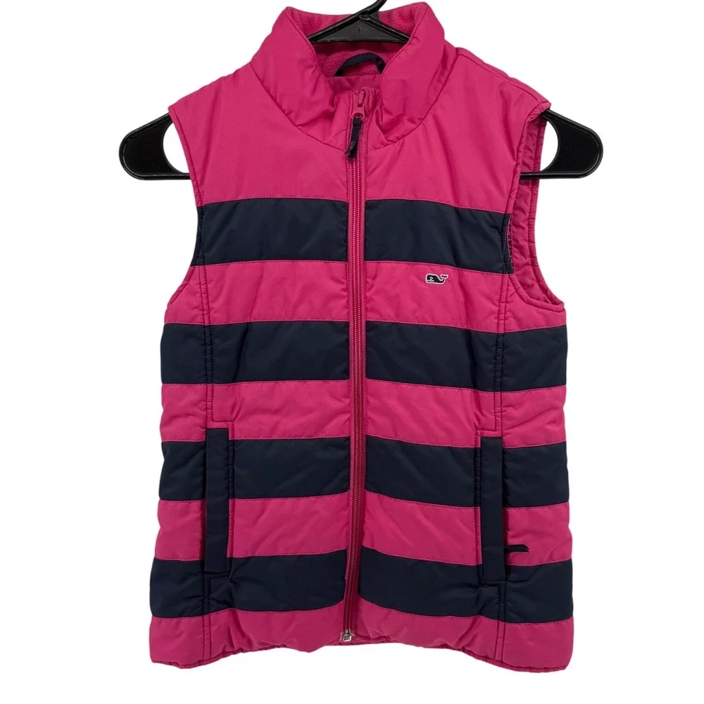 Vineyard Vines Girls Pink Navy Blue Striped Puffer Vest Size S 7-8 Fleece Collar